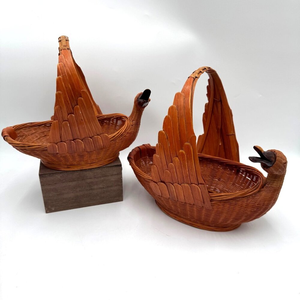 Goose or Swan Duck Nesting Baskets 1970s Mid Century Woven Wicker Rattan & Bambo
